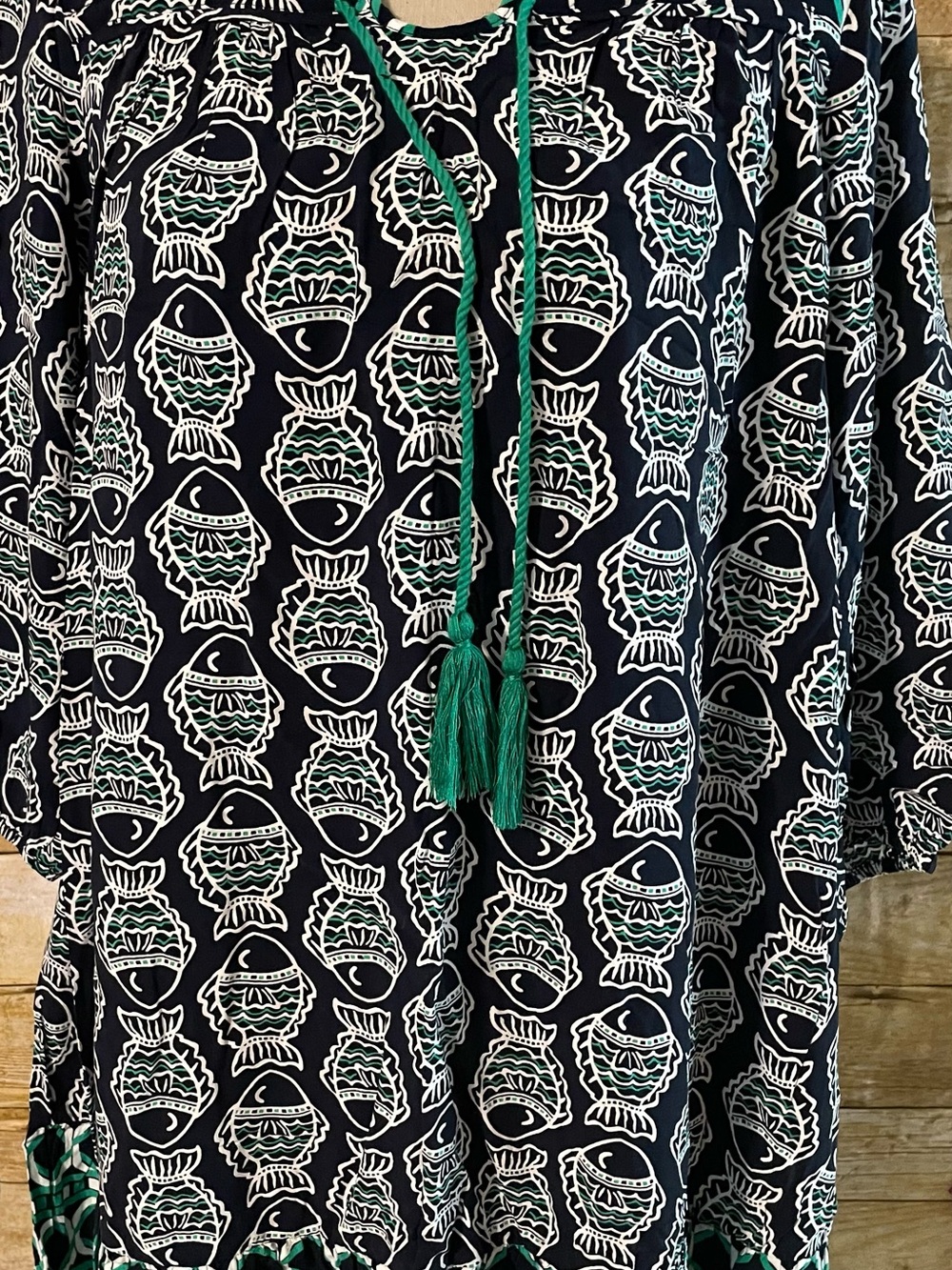 Crown & ivy Navy and White Fish Print Tunic with Green Tassel
